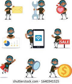 Set character of male baseball umpire wearing safety helmets.