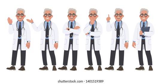 Set of character male doctor in various poses and emotions on a white background. Medical worker. Vector illustration in cartoon style