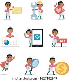 Set of character male ice cream seller serving buyers.