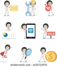 Set of character male Pierrot cirus show in carnival event. Vector illustration with coin, envelope, love, mobile