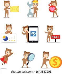 Set character of male wearing gopher costume in brown color.