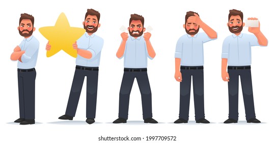 Set of character man. A businessman with a feeling of envy, with a star and evaluates the work, an angry guy, tired, shows a business card. Vector illustration in cartoon style