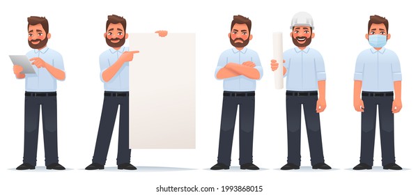 Set of  character man. A businessman holds a tablet in his hands, shows on a blank poster for advertising or announcement. An engineer in a helmet and with a project in his hands