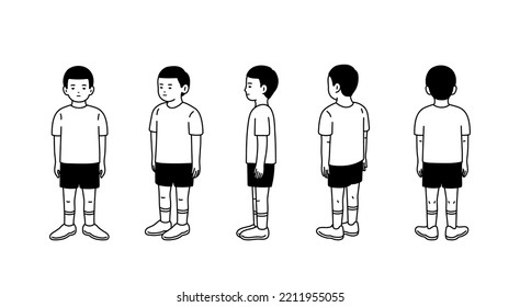 Set Character man cartoon concept  Front side back turn around for animation  Mascot kit little boy for different poses  Simple line drawing  Flat vector illustration  Hand drawn style 