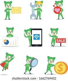 Set character of man as cheerful and cute green pig.