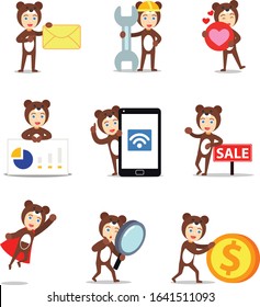 Set character of man with cute bear costume.