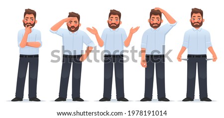 Set of character man in different actions. The businessman thinks, searches, shrugs, doubts, shows empty pockets. Financial difficulties. Vector illustration in cartoon style