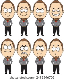 Conjunto de personaje hombre en diferentes expresiones. Ilustración vectorial en estilo de dibujos animados