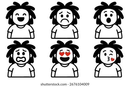 set character man with dreadlocks with emotion vector
Vector set character with emotions joy, sadness, satisfaction, anger, love, kiss