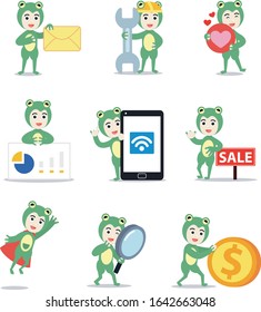 Set character of man as a frog with green color.