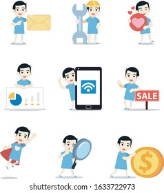 Set of character man patient doing some treatments at the clinic. Vector illustration with coin, envelope, love, mobile