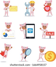 Set character of man as pig in cute animal clothes.