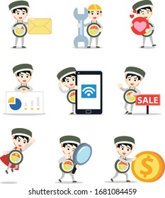 Set character of man in sushi roll costume with happy face expression.