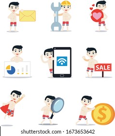 Set character of man in swim wear using sunbathing on the beach.