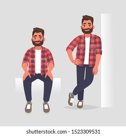 Set Of Character Man In Two Poses. The Guy Is Sitting And He Leaning On The Wall. Vector Illustration In Cartoon Style