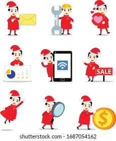Set character of man in wearing a Christmas sack costume containing a gift box.