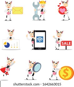 Set character of man wearing cow costume during carnival party.