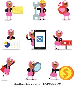 Set character of man with wearing cute flamingo costume.