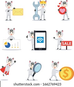 Set character of man wearing sheep in animal costume for summer festival.