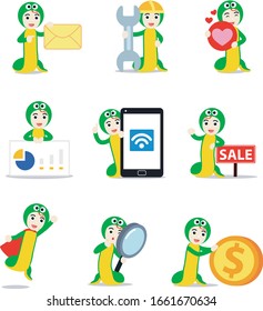 Set character of man wearing snake costume as wild animal.