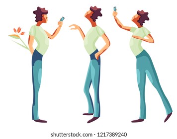 Set of character man writes a message, explains and makes a selfie. Vector illustration in cartoon, flat style