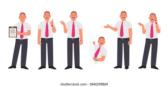 Set of character manager or employee of the company in various actions. A smiling man shows a contract, gestures, peeps and speaks on the phone. Vector illustration in flat style