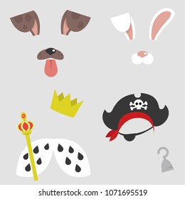 Set of character masks. Dog, bunny, pirate and queen or king. Face filters for a selfie application. Flat editable vector illustration, clip art