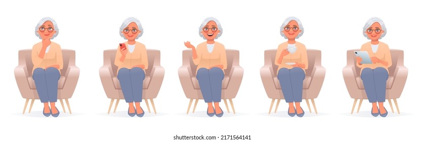 Set of character of a mature woman sitting in a chair. An elderly woman uses gadgets, a smartphone and a tablet, thinks and talks, drinks tea. Vector illustration in cartoon style