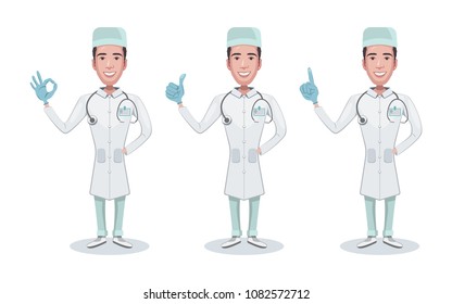 Set of character medical doctor. Healthcare and medical help. Doctor, clerk, consulting, shows gestures of a positive result. Vector illustration in cartoon style.