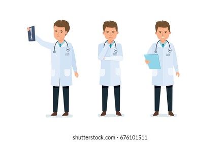 Set of character medical doctor. Healthcare and help. Clinical Reception and hospital interior medical concept. Medical character viewing x-ray shapshot. Illustration in cartoon style.