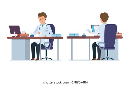 Set Of Character Medical Doctor. Healthcare And Medical Help. Doctor's Office. Front And Back View Of The Doctor In The Treatment Room. Vector Illustration In Cartoon Style.