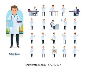 Set of character medical doctor. Healthcare and medical help. Doctor works, first aid, conducts research and advice, prescribes treatment, reads results. Illustration people front and rear view.