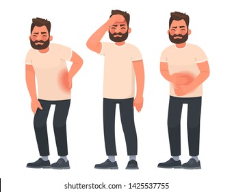 Set of character men with pain in different parts of the body. Backache, abdominal pain, headache, migraine. Vector illustration in cartoon style