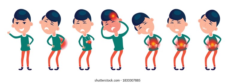 Set of character men with pain in different parts of the body. Backache, abdominal pain, headache, migraine. Body ache icons. Humans bodies injury pain.  Flat vector illustration. Human Health Disease