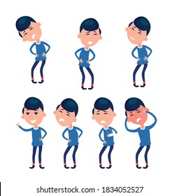 Set of character men with pain in different parts of the body. Backache, abdominal pain, headache, migraine. Body ache icons. Humans bodies injury pain.  Flat vector illustration. Human Health Disease