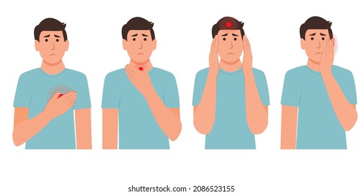 Set of character men with pain in different parts of the body. Heartache, sore throat, headache, migraine,toothache ,Ear ache Vector illustration in flat style