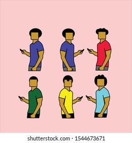 set of character men with phone