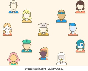 Set of Character, men, women, emoji, face, uniform and Avatar. minimal flat vector illustration of different types of icon. people illustration.