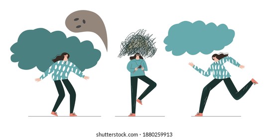 Set of character with mental disorder. Symptoms depression, behavior problem, stressful mind. Psychic illnesses and disorders abstract modern flat vector illustration isolated on white background