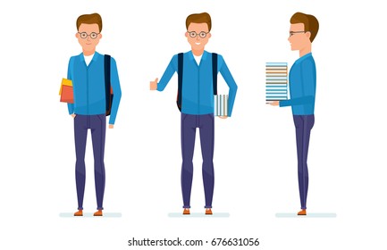 Set of character modern student. Education and training. Student prepares for classes, spends time in library, picks up necessary literature, in positive mood. Vector illustration in cartoon style.