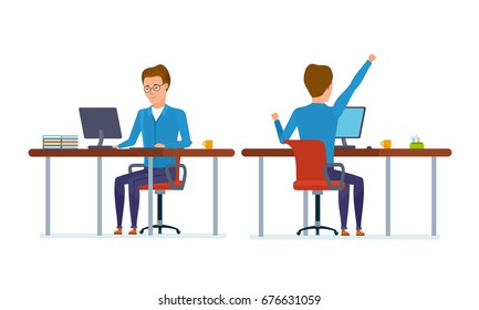 Set of character modern student. Education and training. Student in university, in classroom. Front and back view of the in the education room at the table. Vector illustration in cartoon style.