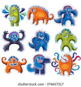 Set of character monsters vector flat illustration, collection of cute mutants. Drawing of weird beast, emotional expression. 