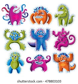 Set of character monsters vector flat illustration, collection of cute mutants. Drawing of weird beast, emotional expression. 