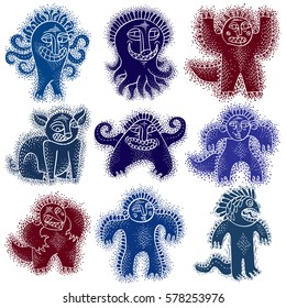 Set of character monsters vector flat illustration, collection of cute mutants, devils. Drawing of weird beast, emotional expression. 