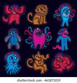Set of character monsters vector illustration, collection of cute mutants. Cat playing, cool kitty isolated, funny toy. Sitting lion with teeth and beautiful mane. Mascot symbol, graphic design.