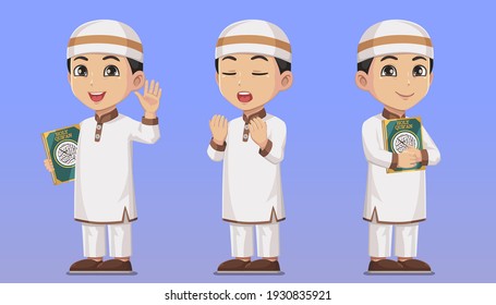 Set of character Moslem boy holding holy Quran and pray