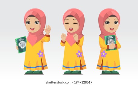 Set of character Moslem girl hijab holding holy Quran and pray