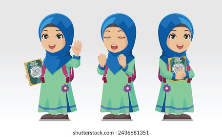 Set of character Moslem girl wearing hijab and backpack holding holy Quran and pray