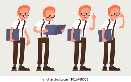 Set character nerd . Clever guy with glasses with a book in his hands. Vector illustration in a flat style