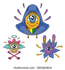 Set Of Character One Eyes Skull Hacker Flower with Colorful Theme